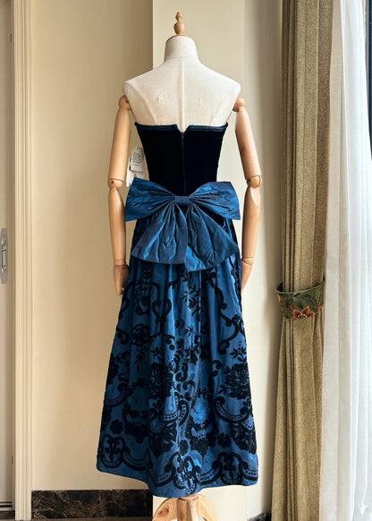 Retro blau-schwarzes A-Linien-Neckholder-Kleid mit Schleife, Jacquard-Samt, langes Ballkleid Abendkleid P4189