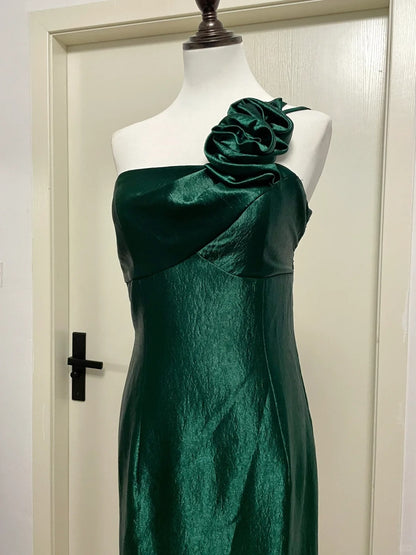 Elegantes dunkelgrünes 3D-Blumenmuster, schulterfreies, langes Ballkleid aus Satin, Abendkleid P4190