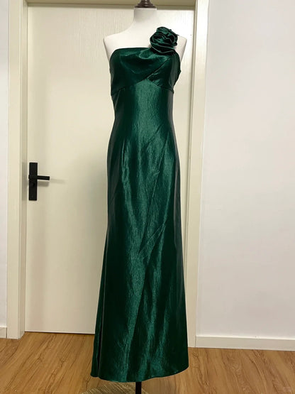 Elegantes dunkelgrünes 3D-Blumenmuster, schulterfreies, langes Ballkleid aus Satin, Abendkleid P4190