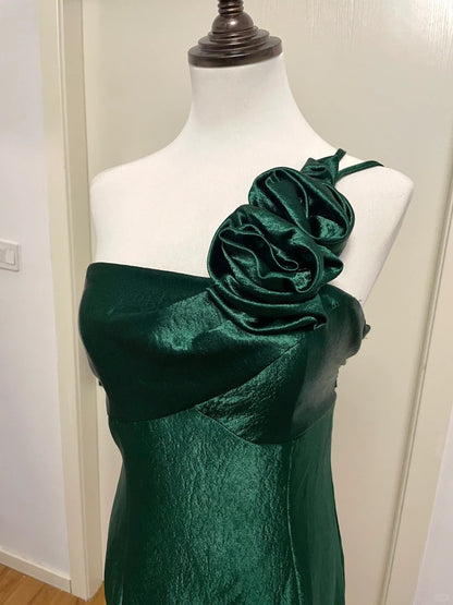 Elegantes dunkelgrünes 3D-Blumenmuster, schulterfreies, langes Ballkleid aus Satin, Abendkleid P4190