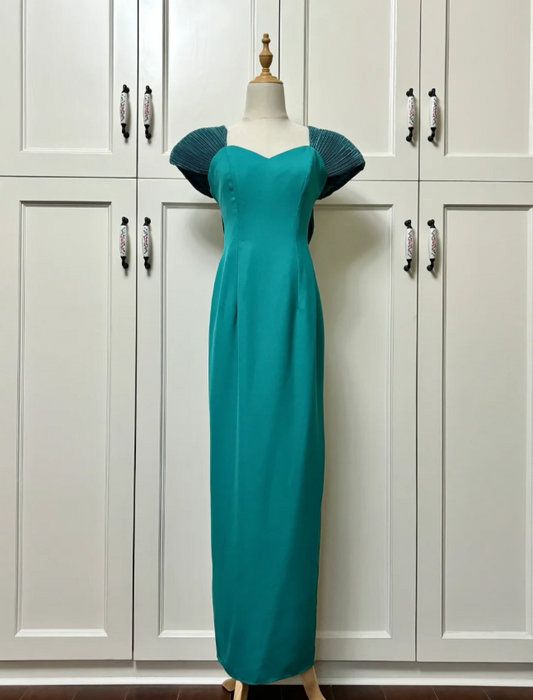 Elegantes, tailliertes, langes Satin-Ballkleid in Teal mit Schleife Abendkleid P4191
