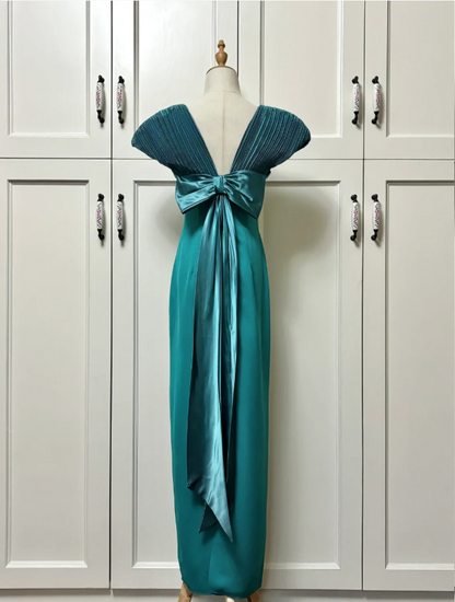 Elegantes, tailliertes, langes Satin-Ballkleid in Teal mit Schleife Abendkleid P4191