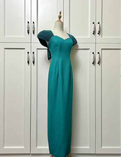 Elegantes, tailliertes, langes Satin-Ballkleid in Teal mit Schleife Abendkleid P4191