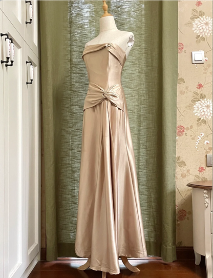 Élégante robe de bal longue en satin torsadé, coupe trapèze, bustier, pour soirée ou demoiselle d'honneur, couleur champagne P4192