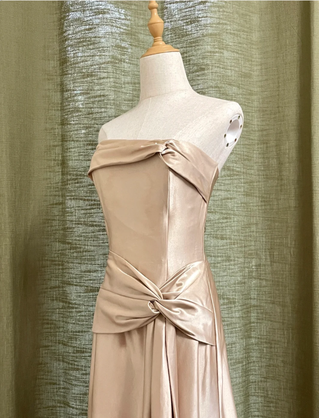 Élégante robe de bal longue en satin torsadé, coupe trapèze, bustier, pour soirée ou demoiselle d'honneur, couleur champagne P4192