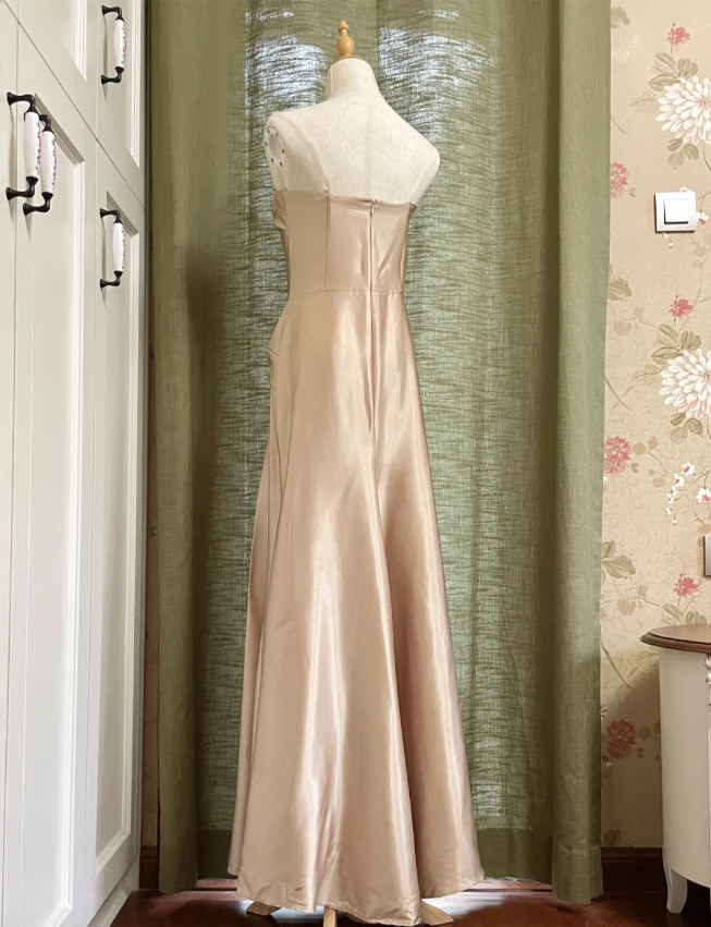 Élégante robe de bal longue en satin torsadé, coupe trapèze, bustier, pour soirée ou demoiselle d'honneur, couleur champagne P4192