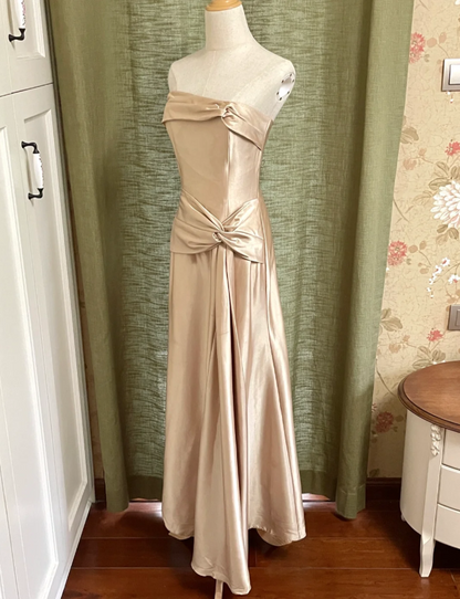 Élégante robe de bal longue en satin torsadé, coupe trapèze, bustier, pour soirée ou demoiselle d'honneur, couleur champagne P4192
