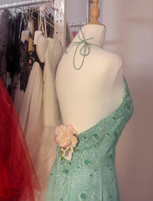 Elegant Mint Green Fitted Beaded Halter Neck Backless Long Prom Dress PreppyDress Elegant Mint Green Fitted Beaded Halter Neck Backless Long Prom Dress PreppyDress
