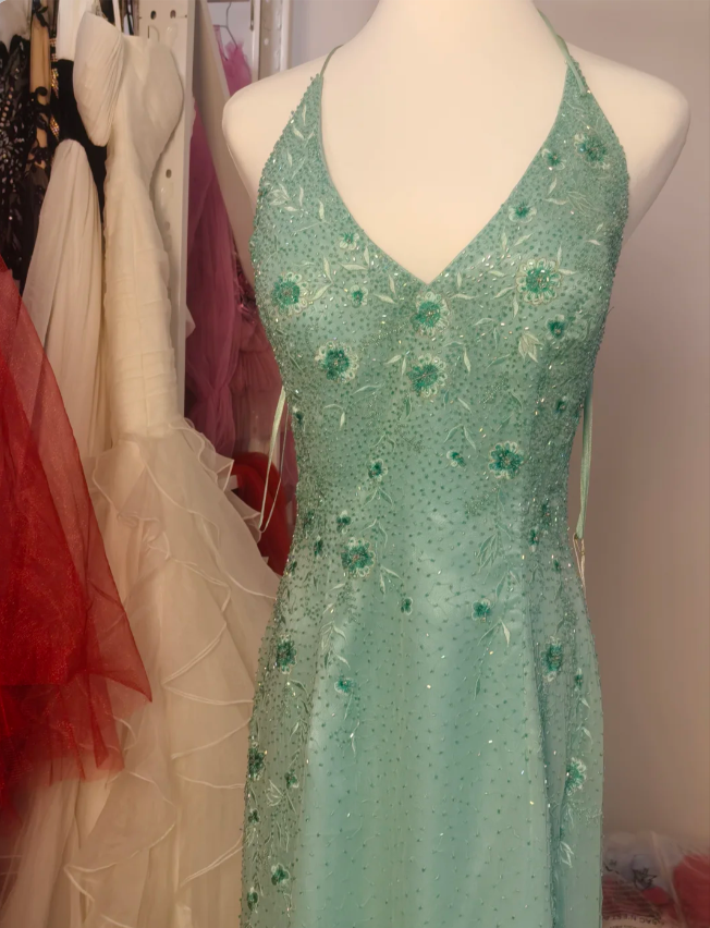 Elegant Mint Green Fitted Beaded Halter Neck Backless Long Prom Dress PreppyDress Elegant Mint Green Fitted Beaded Halter Neck Backless Long Prom Dress PreppyDress