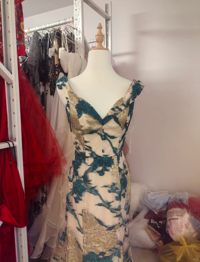 Retro Meerjungfrau V-Ausschnitt Jacquard Besticktes Langes Ballkleid Abendkleid P4194