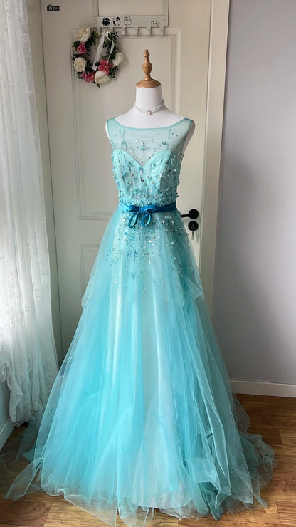Verträumtes Prinzessinnen-Abendkleid in Blau, A-Linie, Rundhals, Pailletten, Tüll, Lang, Ballkleid P4195