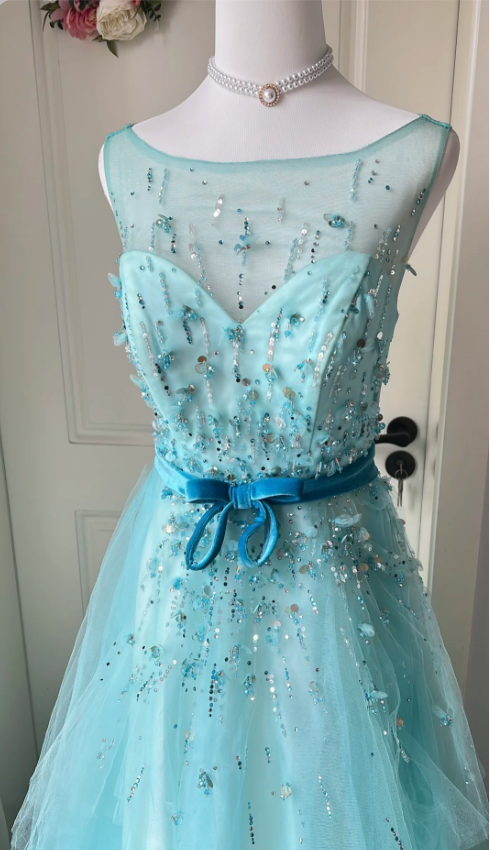 Verträumtes Prinzessinnen-Abendkleid in Blau, A-Linie, Rundhals, Pailletten, Tüll, Lang, Ballkleid P4195