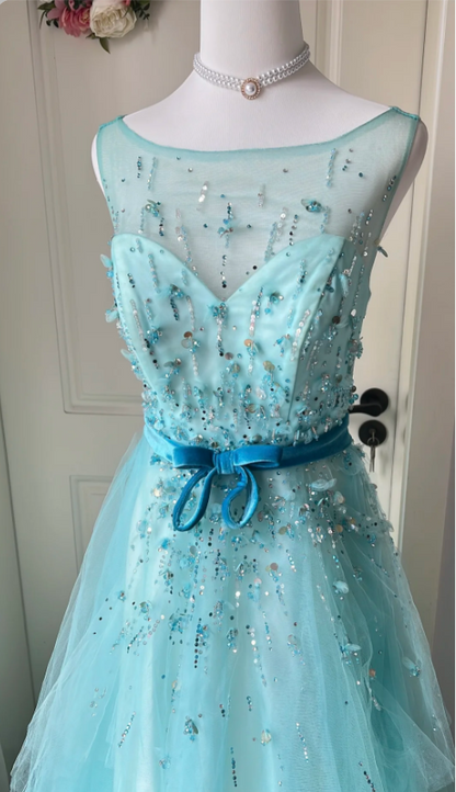 Verträumtes Prinzessinnen-Abendkleid in Blau, A-Linie, Rundhals, Pailletten, Tüll, Lang, Ballkleid P4195