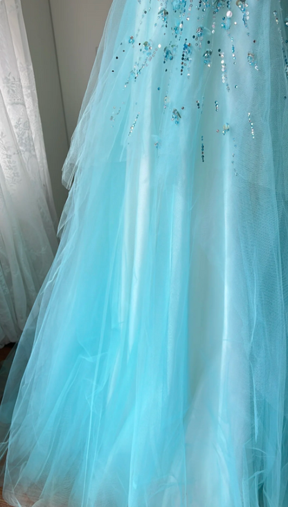 Verträumtes Prinzessinnen-Abendkleid in Blau, A-Linie, Rundhals, Pailletten, Tüll, Lang, Ballkleid P4195