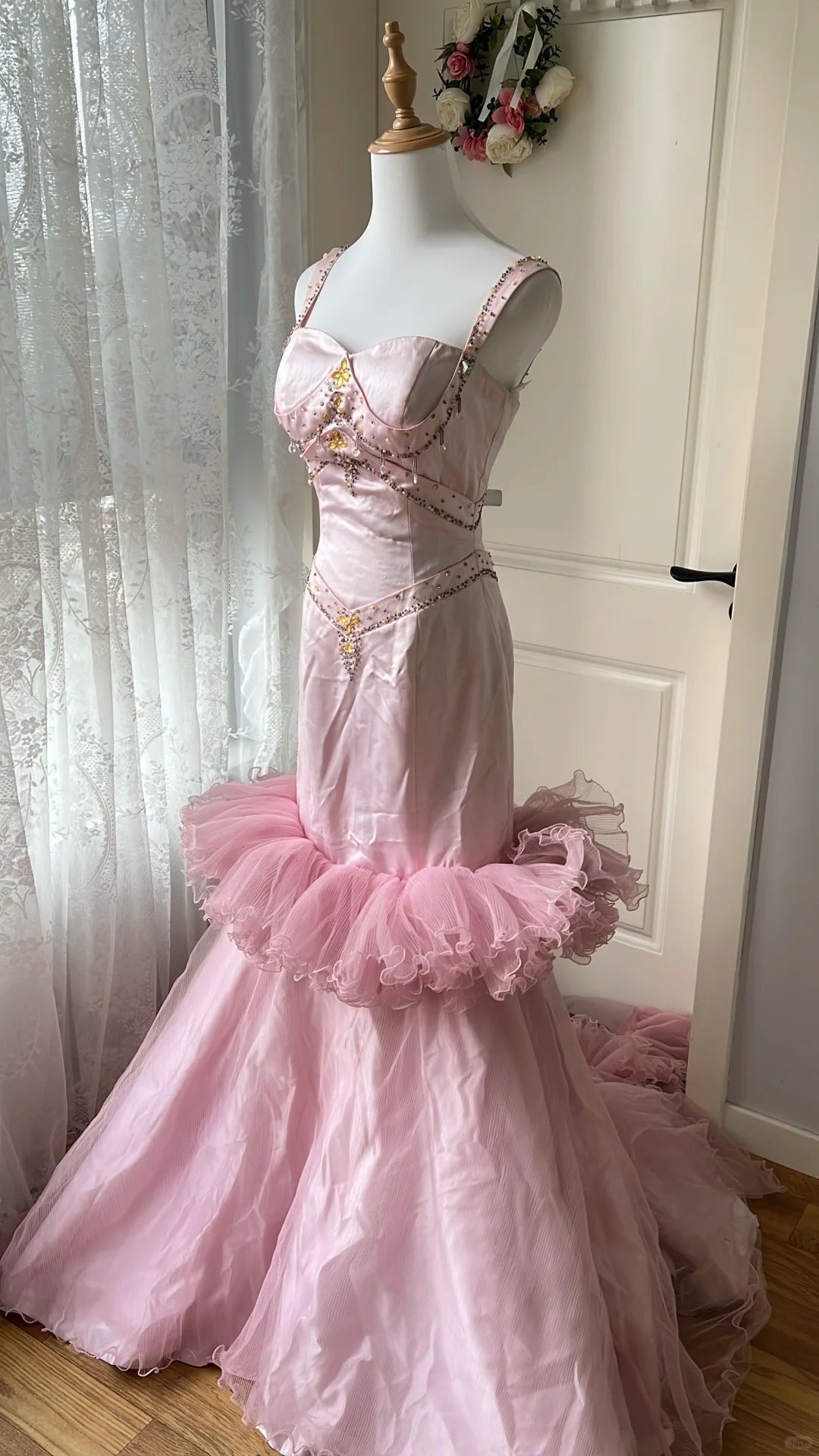 Vintage Prinzessin Pink Meerjungfrau Satin Tüll Schleppe Ballkleid Abendkleid P4196