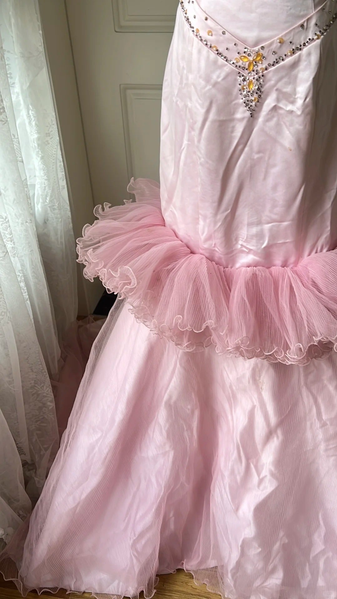 Vintage Prinzessin Pink Meerjungfrau Satin Tüll Schleppe Ballkleid Abendkleid P4196