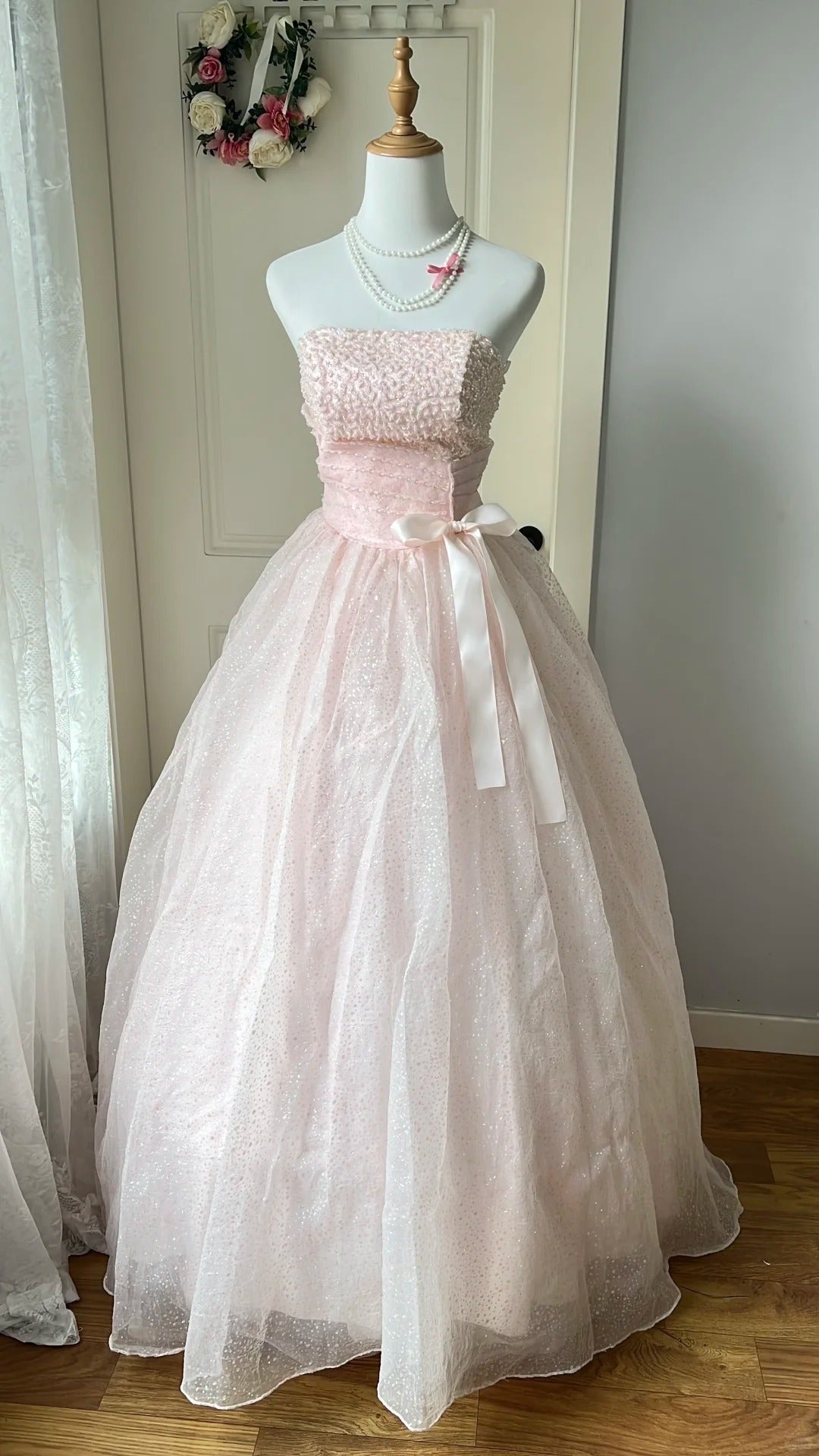 Prinzessin Rosafarbenes trägerloses Bow Pailletten Tüll Ballkleid Abendkleid Sweet 16 Kleid P4198
