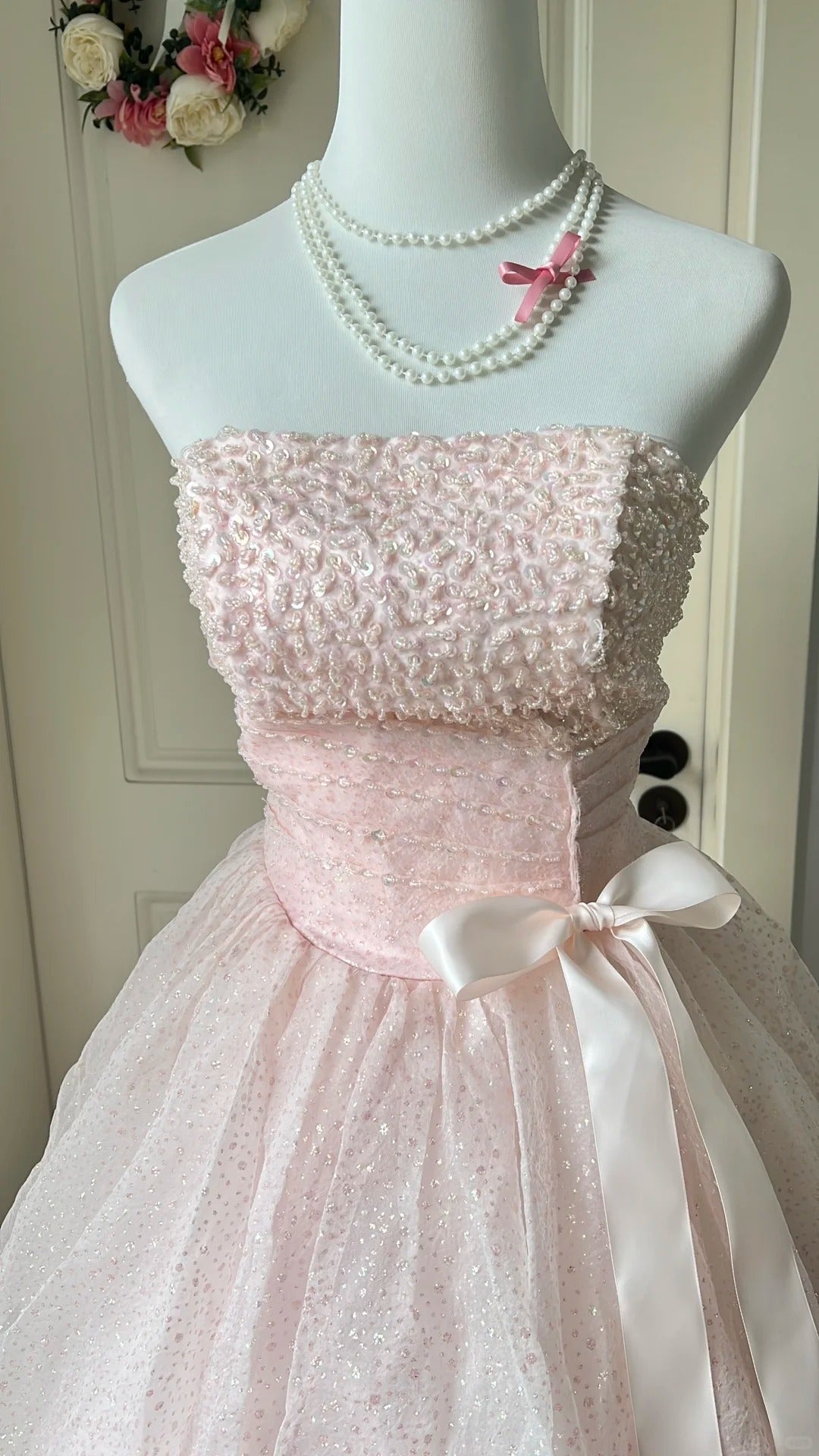 Prinzessin Rosafarbenes trägerloses Bow Pailletten Tüll Ballkleid Abendkleid Sweet 16 Kleid P4198