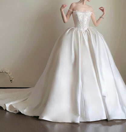 French Retro Satin Strapless Ball Gown Long Wedding Dress P2758
