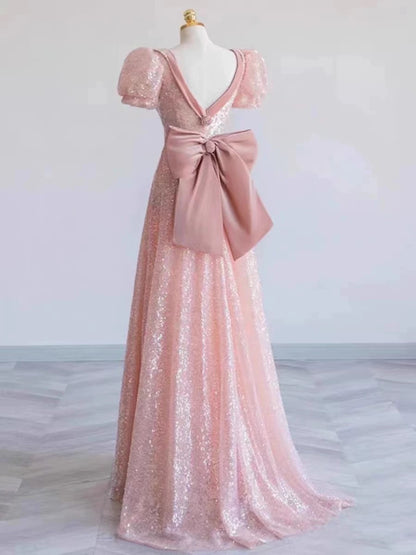 Prinzessin A-Linie Rosa Kurzarm Pailletten Langes Ballkleid P1007