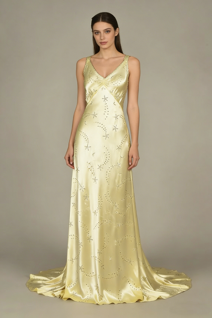 green emerald velvet dress Modest A Line V Neckline Yellow Satin Beads Long Party Dress Prom Dres –  PreppyDress