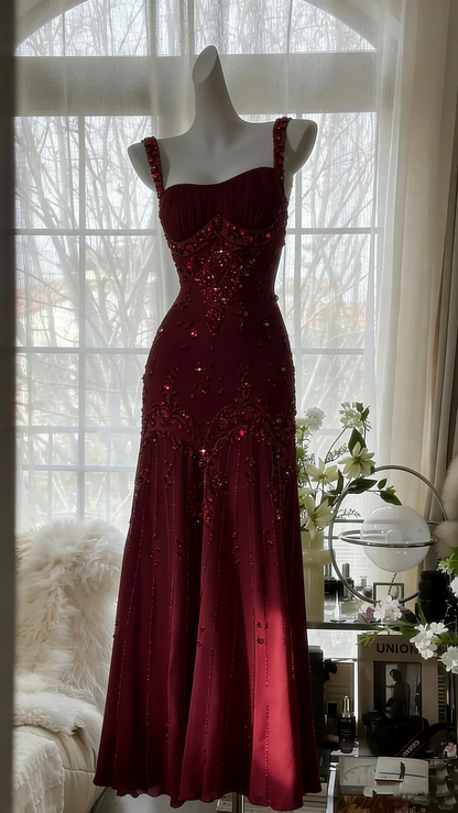 Vintage elfenbeinfarbenes Chiffon-Meerjungfrauen-Ballkleid mit Perlen P3293