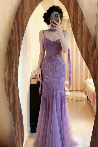 Charmantes lila Chiffon-Meerjungfrauen-Abendkleid mit Perlen P3343