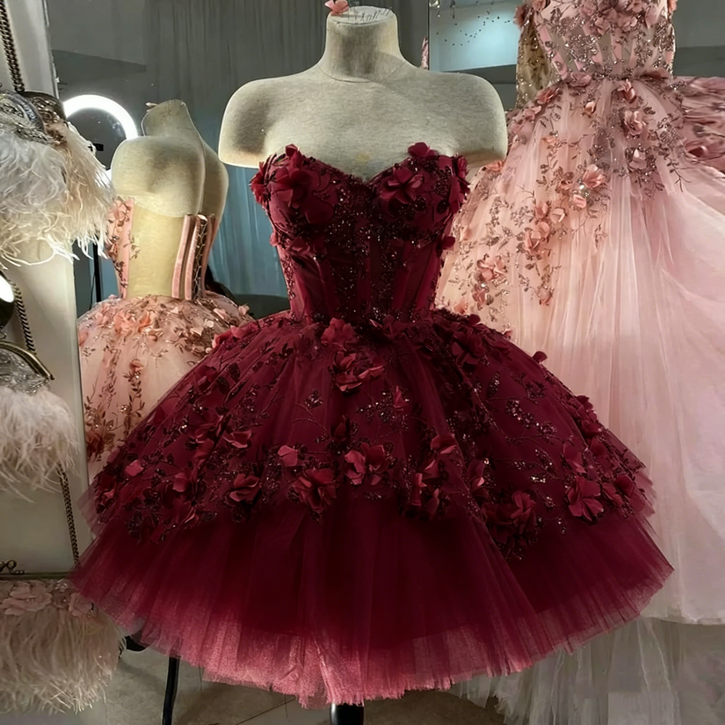 Robes de bal roses chic, fleurs faites à la main, tenues pour le 18ème anniversaire P1841