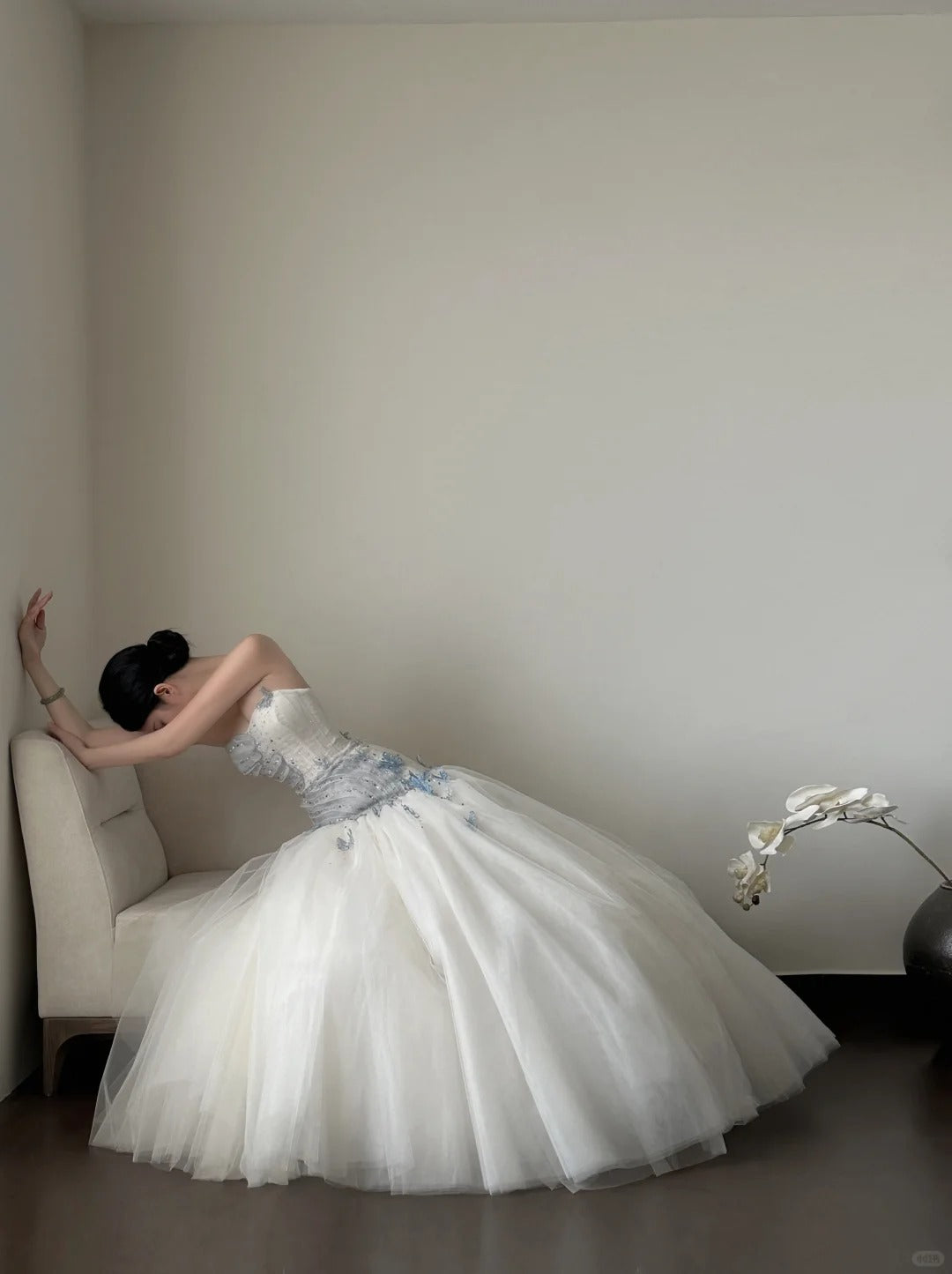 Dreamy White And Blue Gradient A-line Strapless Tulle Long Prom Dress Wedding Dress P4020