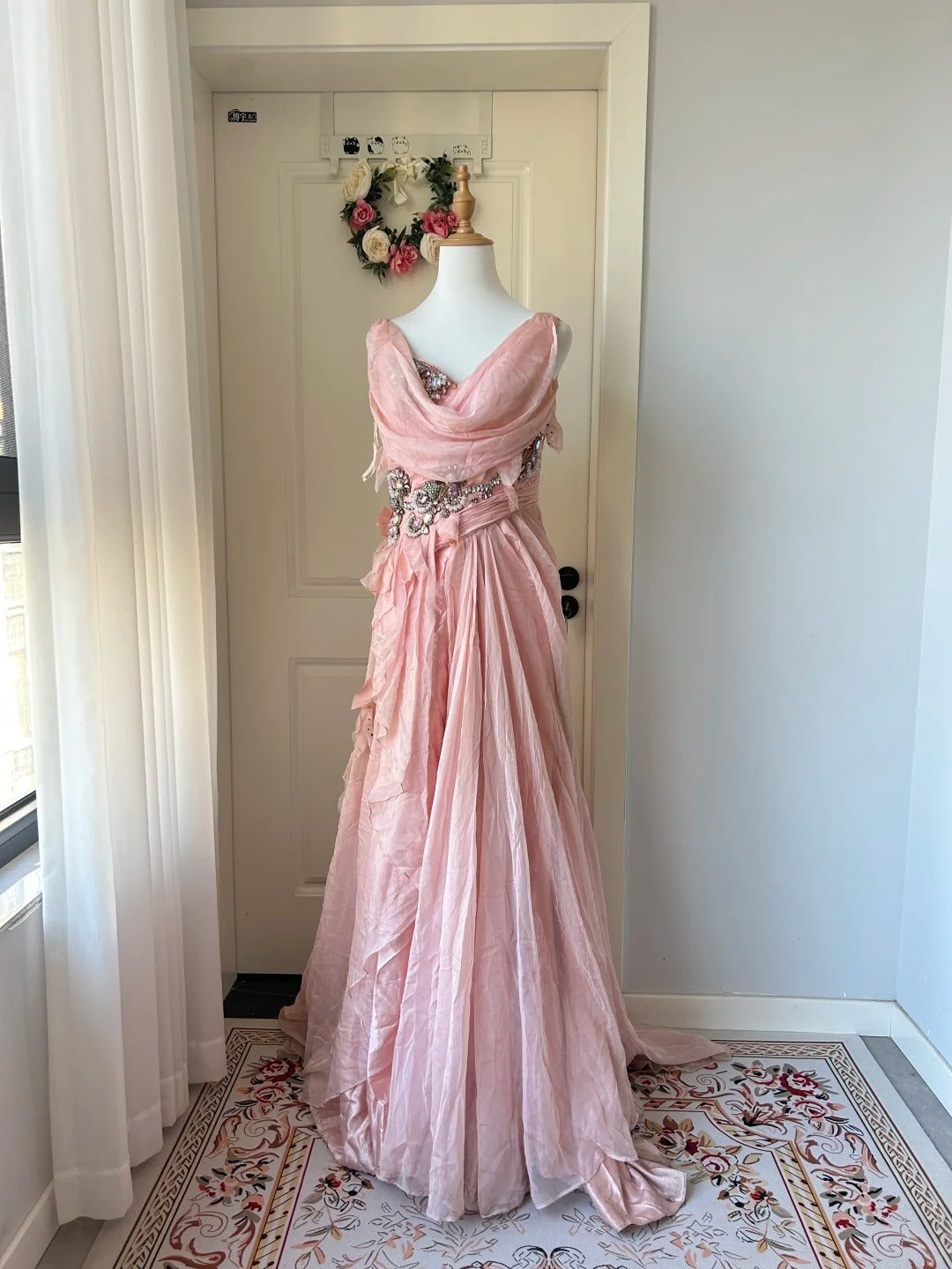 Vintage Pink A-Linie Strassperlen Chiffon Langes Ballkleid Abendkleid P4203