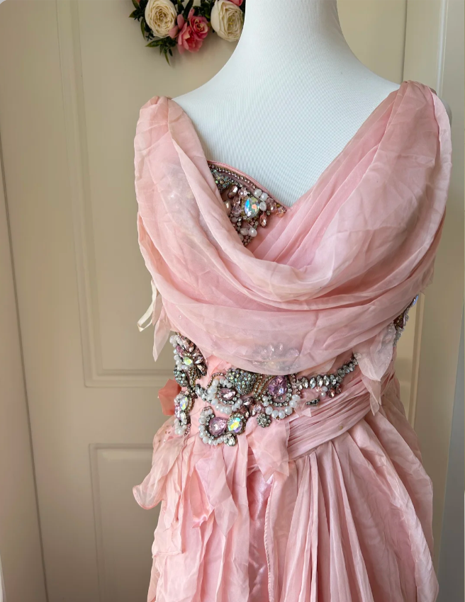 Vintage Pink A-Linie Strassperlen Chiffon Langes Ballkleid Abendkleid P4203