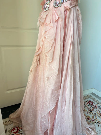 Vintage Pink A-Linie Strassperlen Chiffon Langes Ballkleid Abendkleid P4203