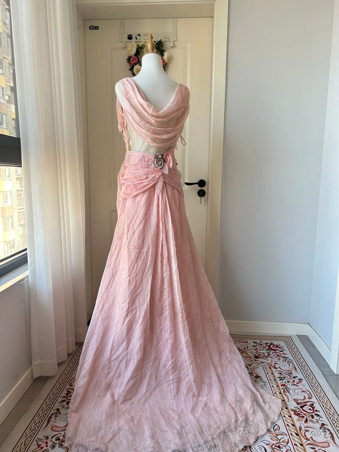 Vintage Pink A-Linie Strassperlen Chiffon Langes Ballkleid Abendkleid P4203