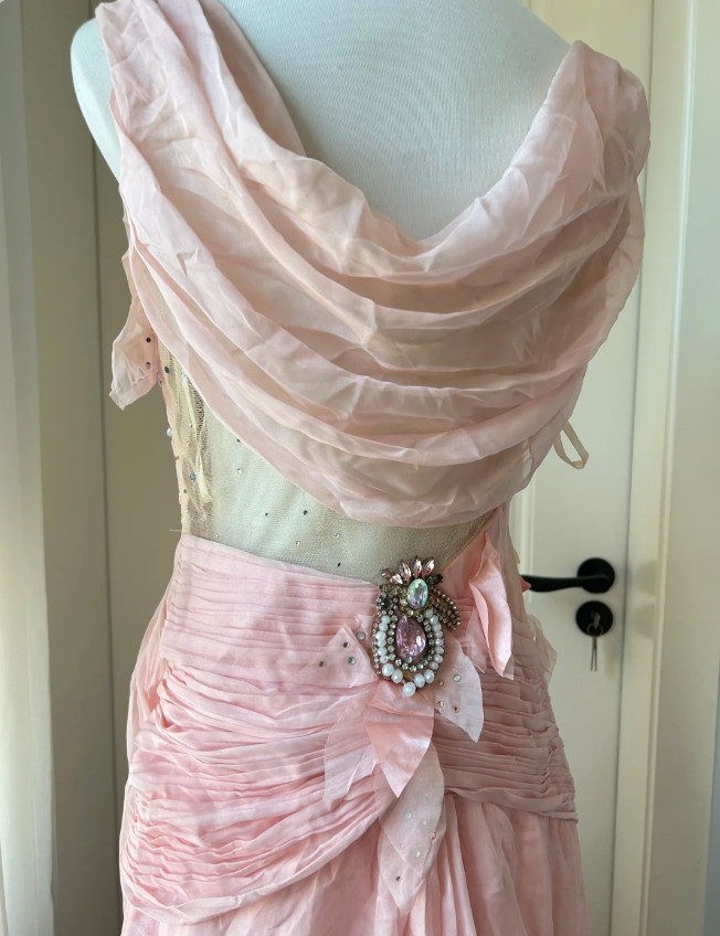 Vintage Pink A-Linie Strassperlen Chiffon Langes Ballkleid Abendkleid P4203