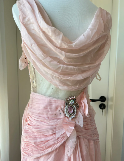 Vintage Pink A-Linie Strassperlen Chiffon Langes Ballkleid Abendkleid P4203