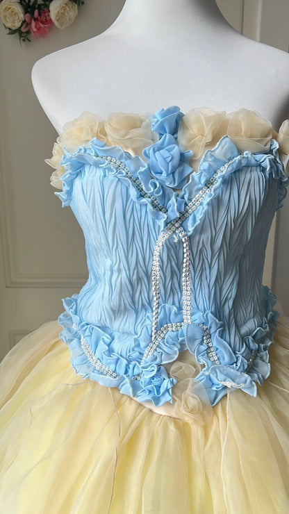 Verträumtes blau-gelbes Color-Blocked trägerloses Tüll-Ballkleid Abendkleid Sweet 16 Kleid P4204