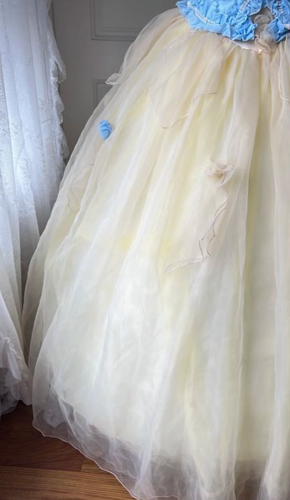 Verträumtes blau-gelbes Color-Blocked trägerloses Tüll-Ballkleid Abendkleid Sweet 16 Kleid P4204