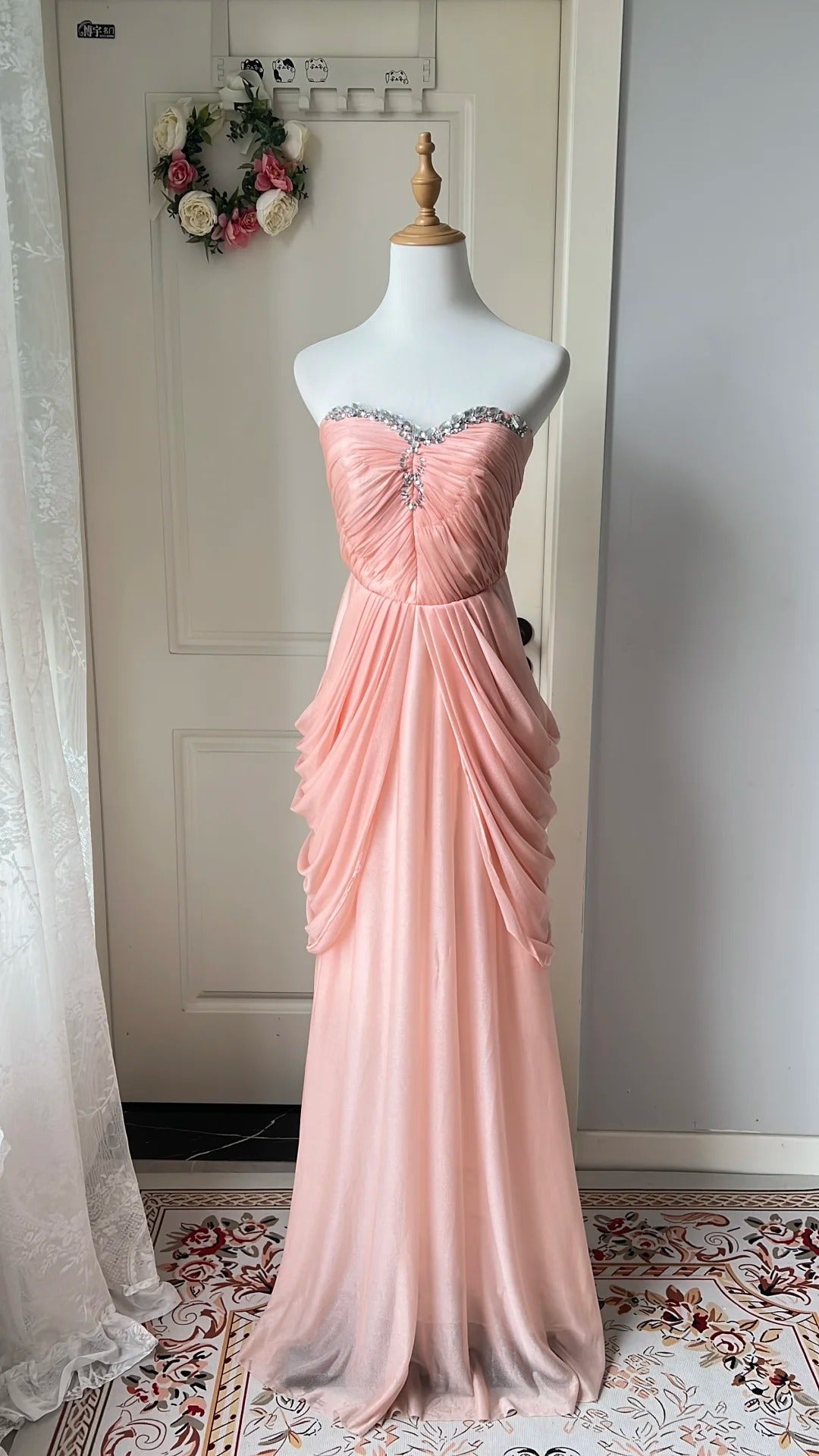 Elegantes pinkfarbenes, herzförmiges Neckline-Strass-Chiffon-Abendkleid, langes Ballkleid P4205