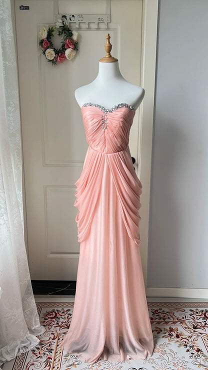 Elegantes pinkfarbenes, herzförmiges Neckline-Strass-Chiffon-Abendkleid, langes Ballkleid P4205