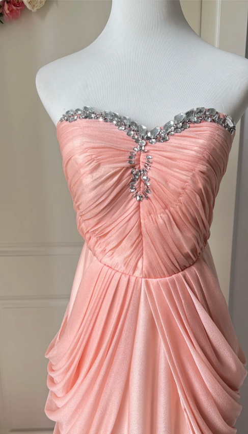 Elegantes pinkfarbenes, herzförmiges Neckline-Strass-Chiffon-Abendkleid, langes Ballkleid P4205