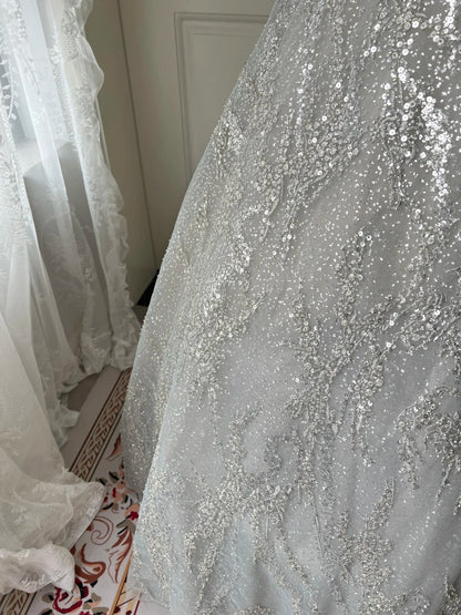 Funkelndes silbergraues, trägerloses Pailletten-Ballkleid Abendkleid P4209