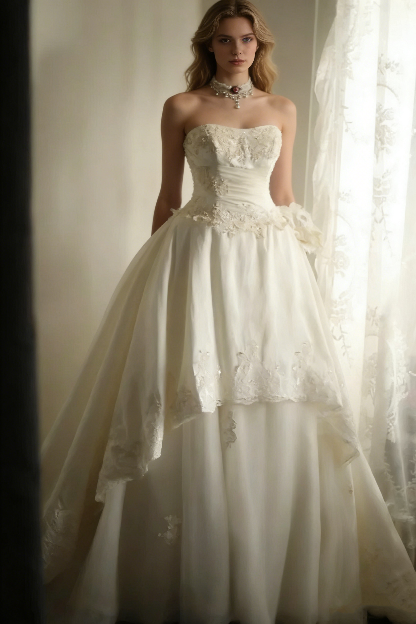 Retro palace irregular white satin beaded tube top wedding dress P2802
