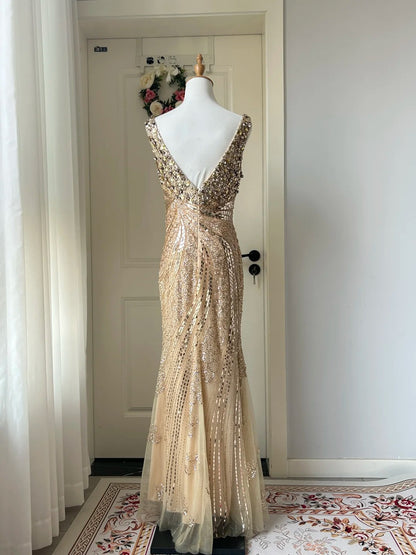 Luxuriöses goldenes V-Ausschnitt Meerjungfrau Pailletten langes Ballkleid Abendkleid P4211