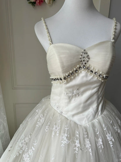 Vintage Weißes Neckholder Perlen Spitze Tüll Ballkleid Abendkleid P4214