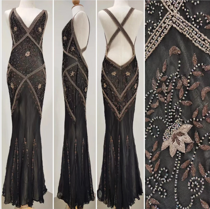 Vintage schwarzes Meerjungfrau-V-Ausschnitt rückenfreies Perlen besticktes Chiffon langes Ballkleid Abendkleid P4215