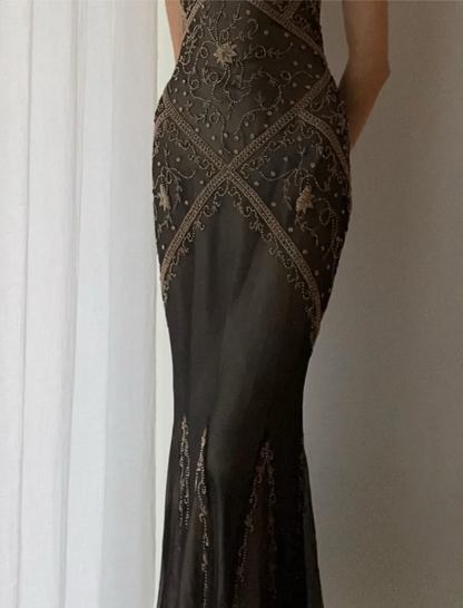 Vintage schwarzes Meerjungfrau-V-Ausschnitt rückenfreies Perlen besticktes Chiffon langes Ballkleid Abendkleid P4215