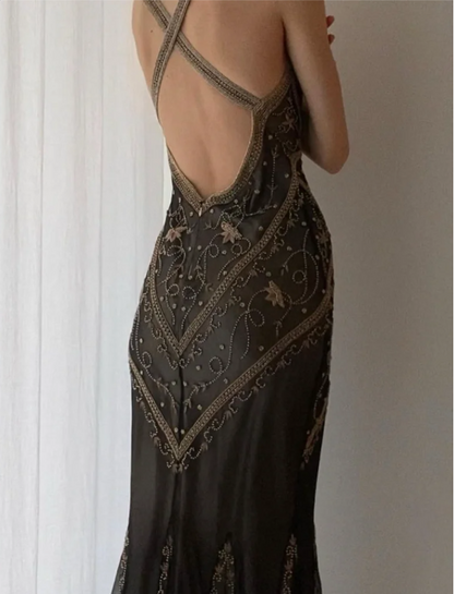 Vintage schwarzes Meerjungfrau-V-Ausschnitt rückenfreies Perlen besticktes Chiffon langes Ballkleid Abendkleid P4215