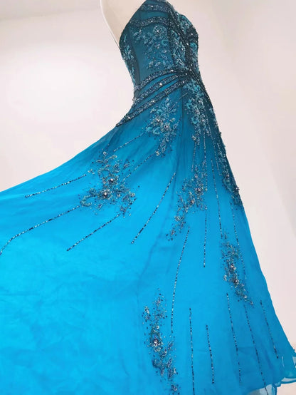 Vintage blaues A-Linien-Abendkleid aus Chiffon mit dünnen Trägern und Perlen P4216