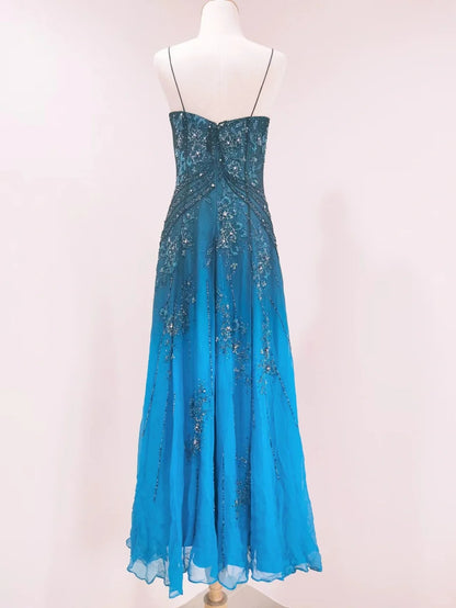 Vintage blaues A-Linien-Abendkleid aus Chiffon mit dünnen Trägern und Perlen P4216
