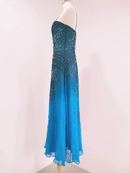 Vintage blaues A-Linien-Abendkleid aus Chiffon mit dünnen Trägern und Perlen P4216